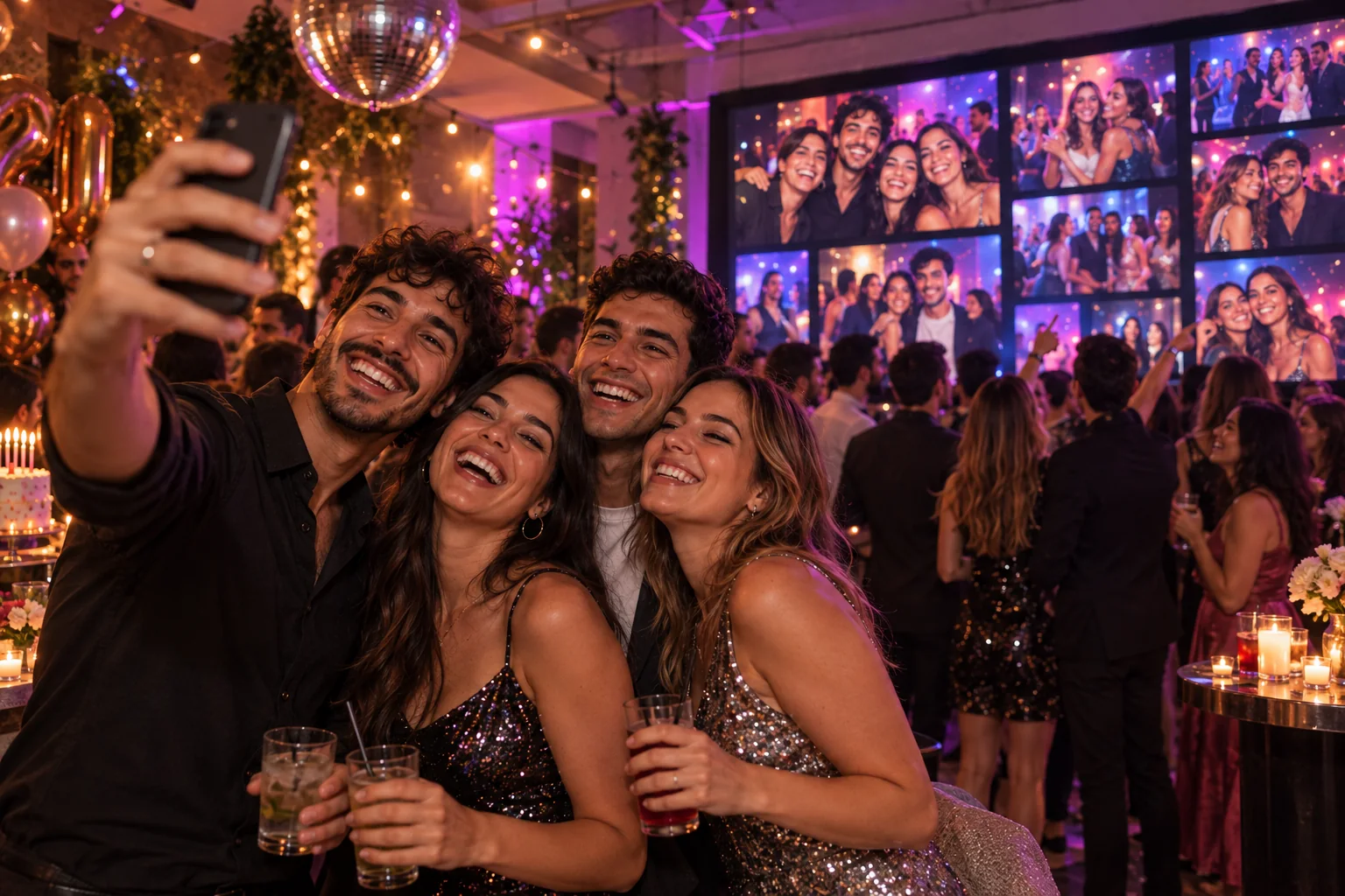 Amigos sacándose una selfie en una fiesta mientras otros invitados miran las fotos en una pantalla