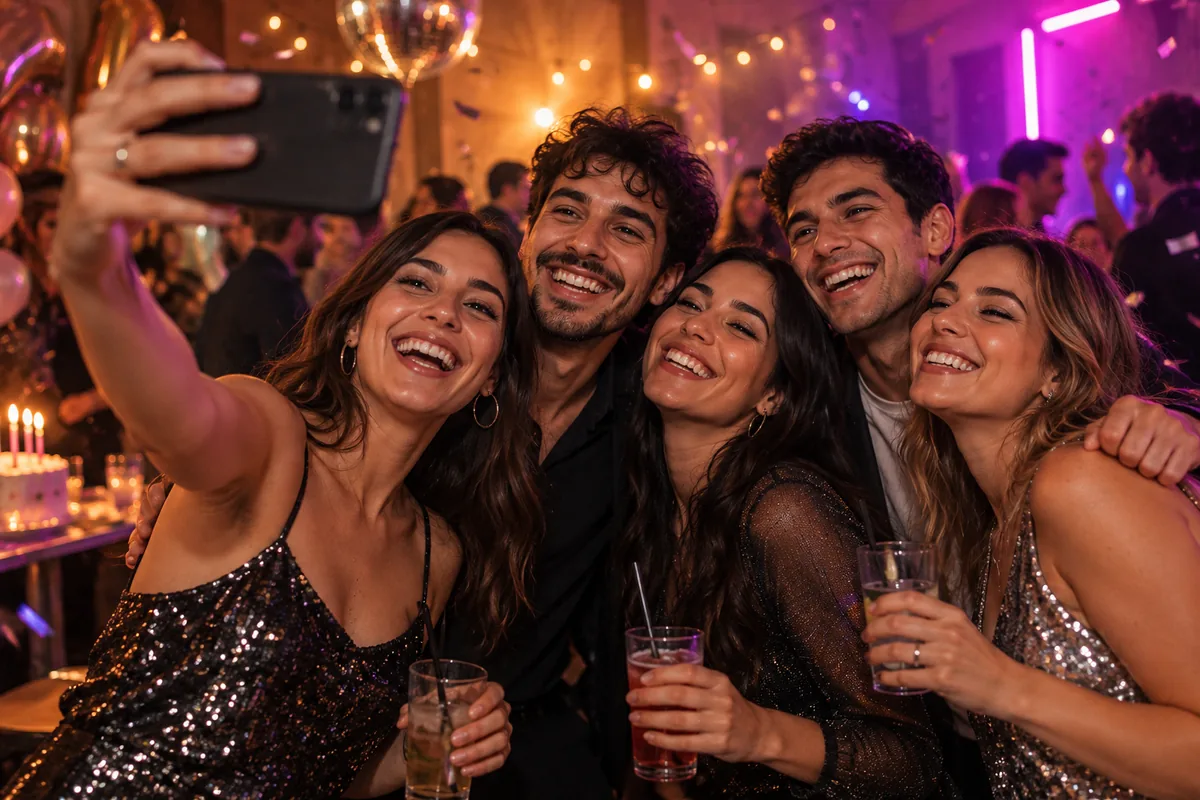 Grupo de amigos tomando una selfie durante una fiesta